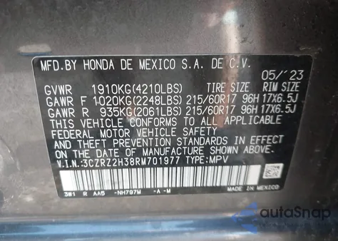 2024 Honda Hr-V Awd Lx из США, поврежденный, VIN 3CZRZ2H38RM701977